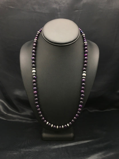 Purple Stone Round Bead Navajo Indian Sterling Silver Necklace 08110