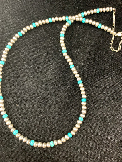 Navajo 4mm Sterling Silver Beads Blue Turquoise Bead Necklace 22”