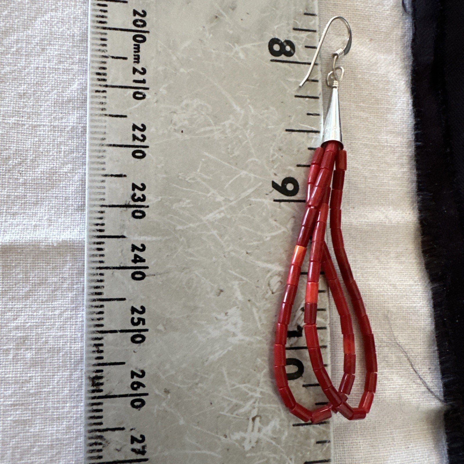 Apple Coral Tube Heishi Dangle Liquid Sterling Silver Earrings 2" 19042