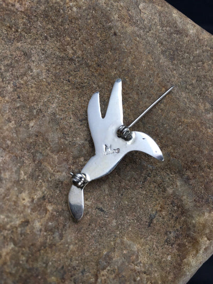 Turquoise Lapis & Coral Hummingbird Inlay Pin Navajo Sterling Silver 02900
