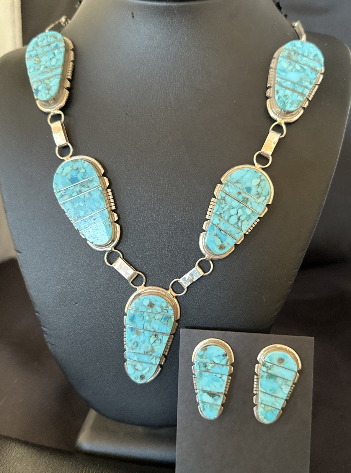 Inlay Kingman Turquoise Sterling Silver Lariat Necklace Pendant Earrings 19075