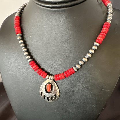 Mens Red Coral BearPaw Pendant Navajo Pearls Sterling Silver Necklace 17883