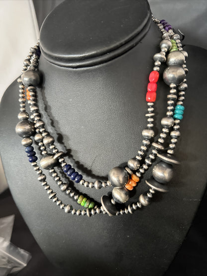 Turquoise Coral Spiny Oyster Navajo Pearls Sterling Silver Bead Necklace 51" -N