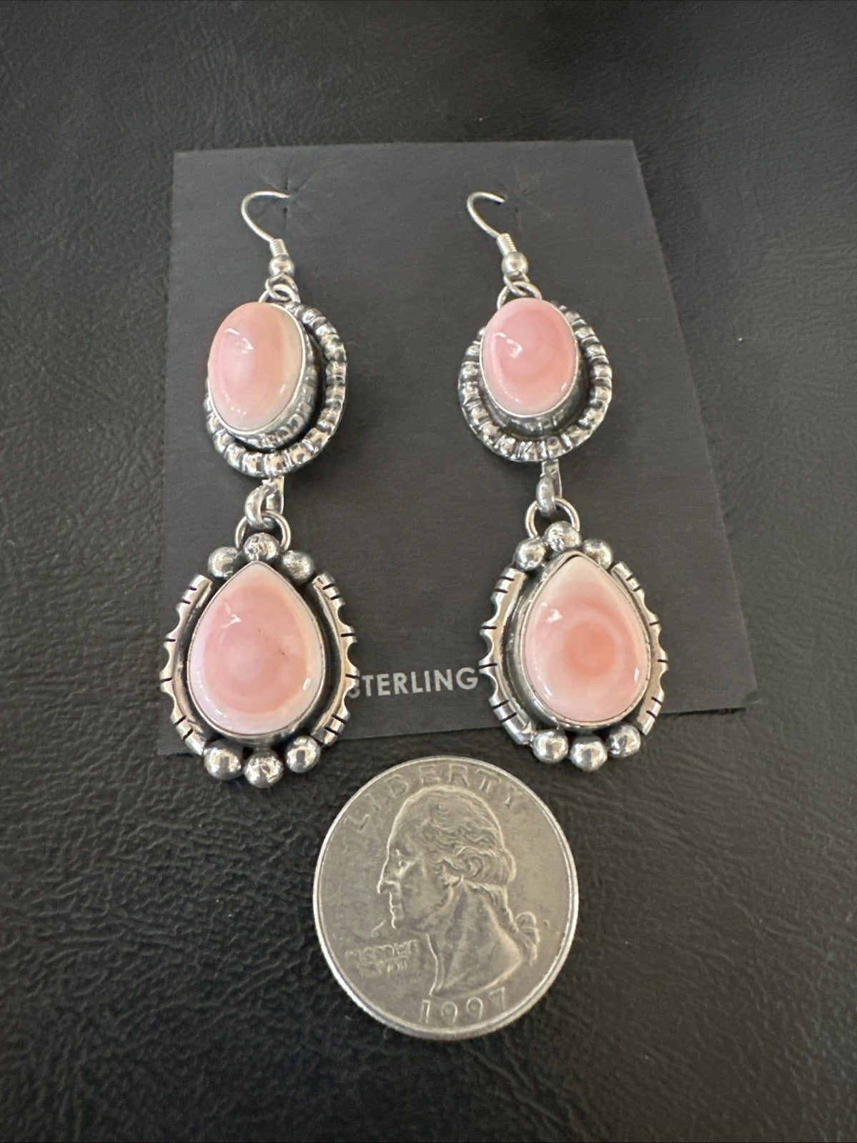 Yazzie Pink Queen Conch Navajo Sterling Silver Dangle Earrings 19321
