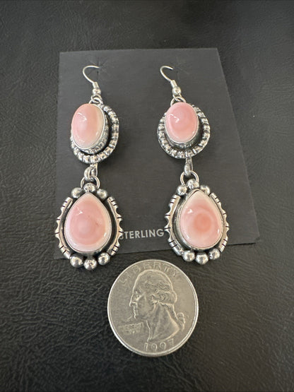 Yazzie Pink Queen Conch Navajo Sterling Silver Dangle Earrings 19321