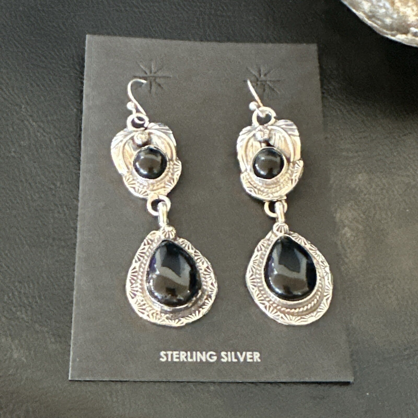 Black Onyx Navajo Sterling Silver Dangle Earrings 1.5" 18289
