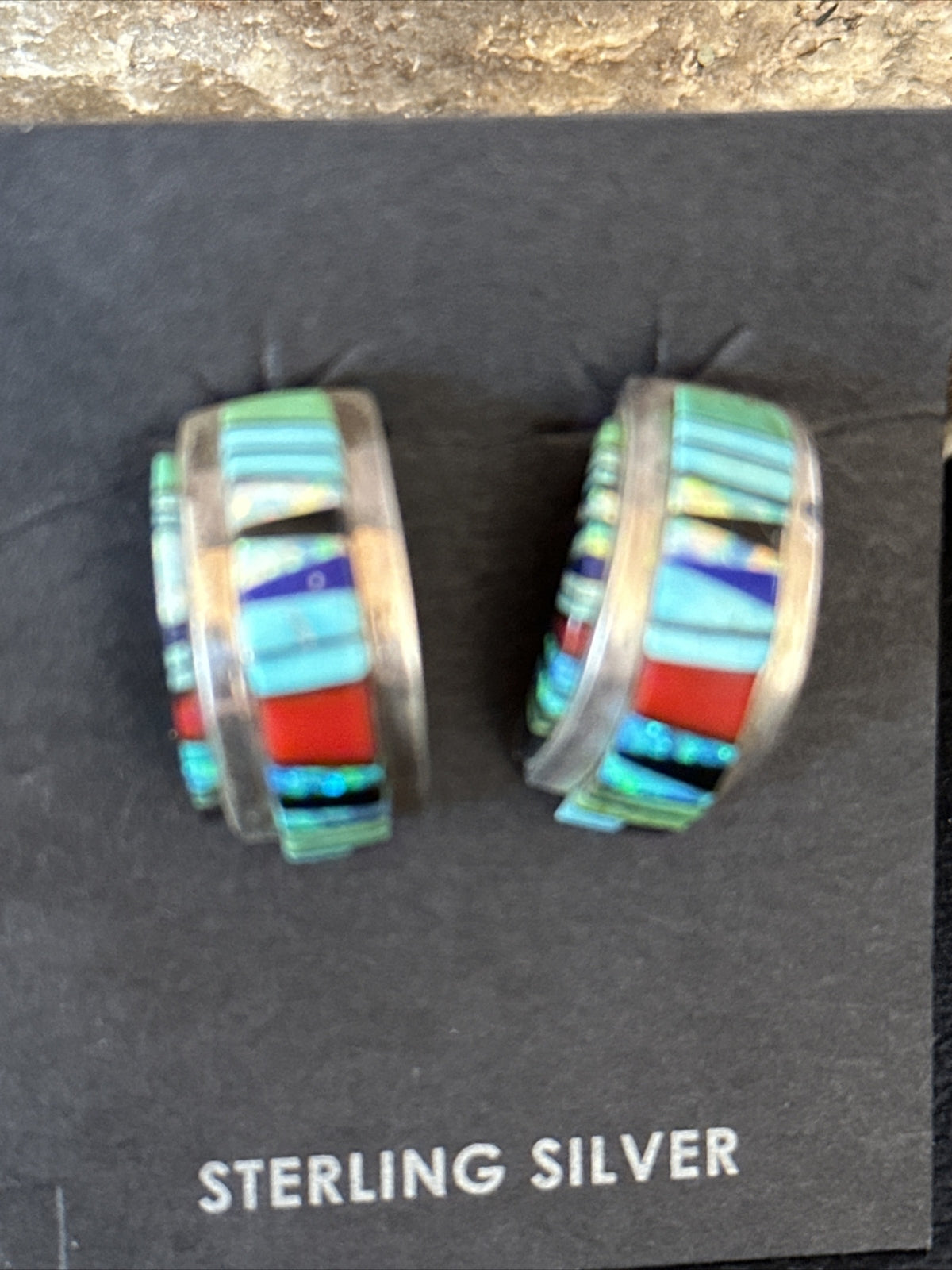 Blue Turquoise & Spiny Oyster Navajo Sterling Silver Inlay Earrings 1” 14765