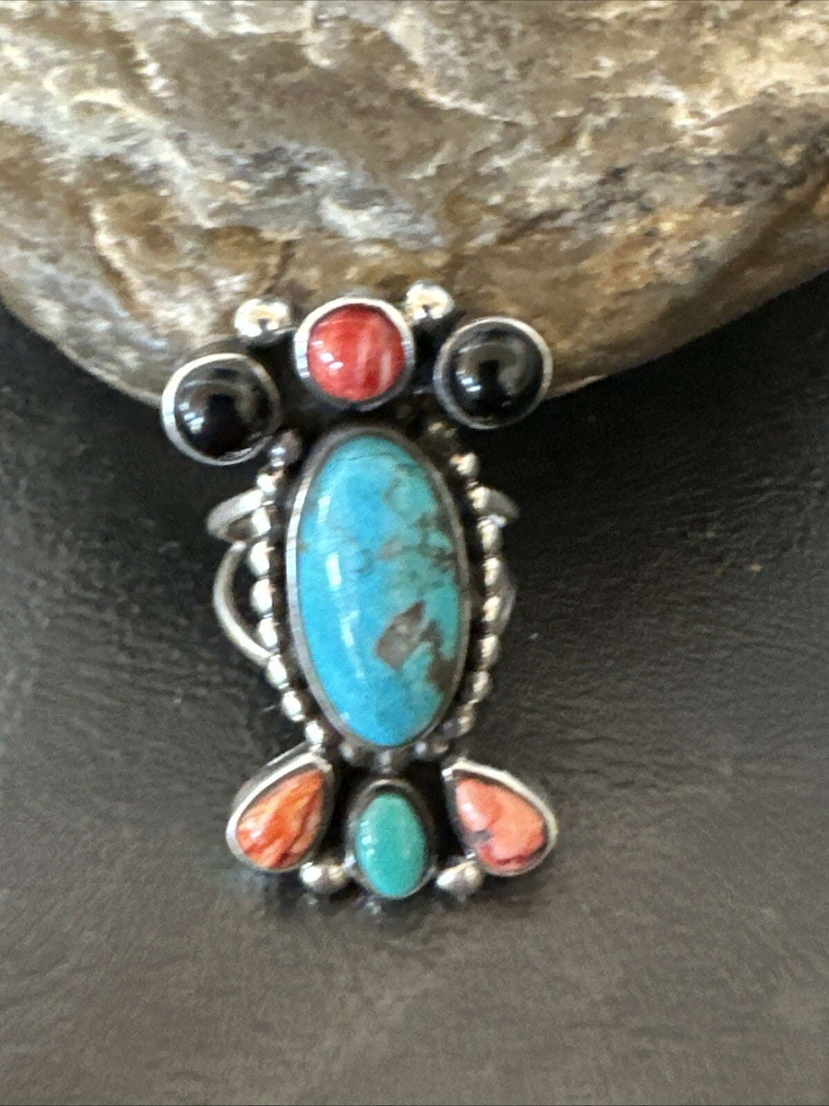 Cluster Blue Turquoise Spiny Oyster Onyx Sterling Silver Ring Size 9 18560