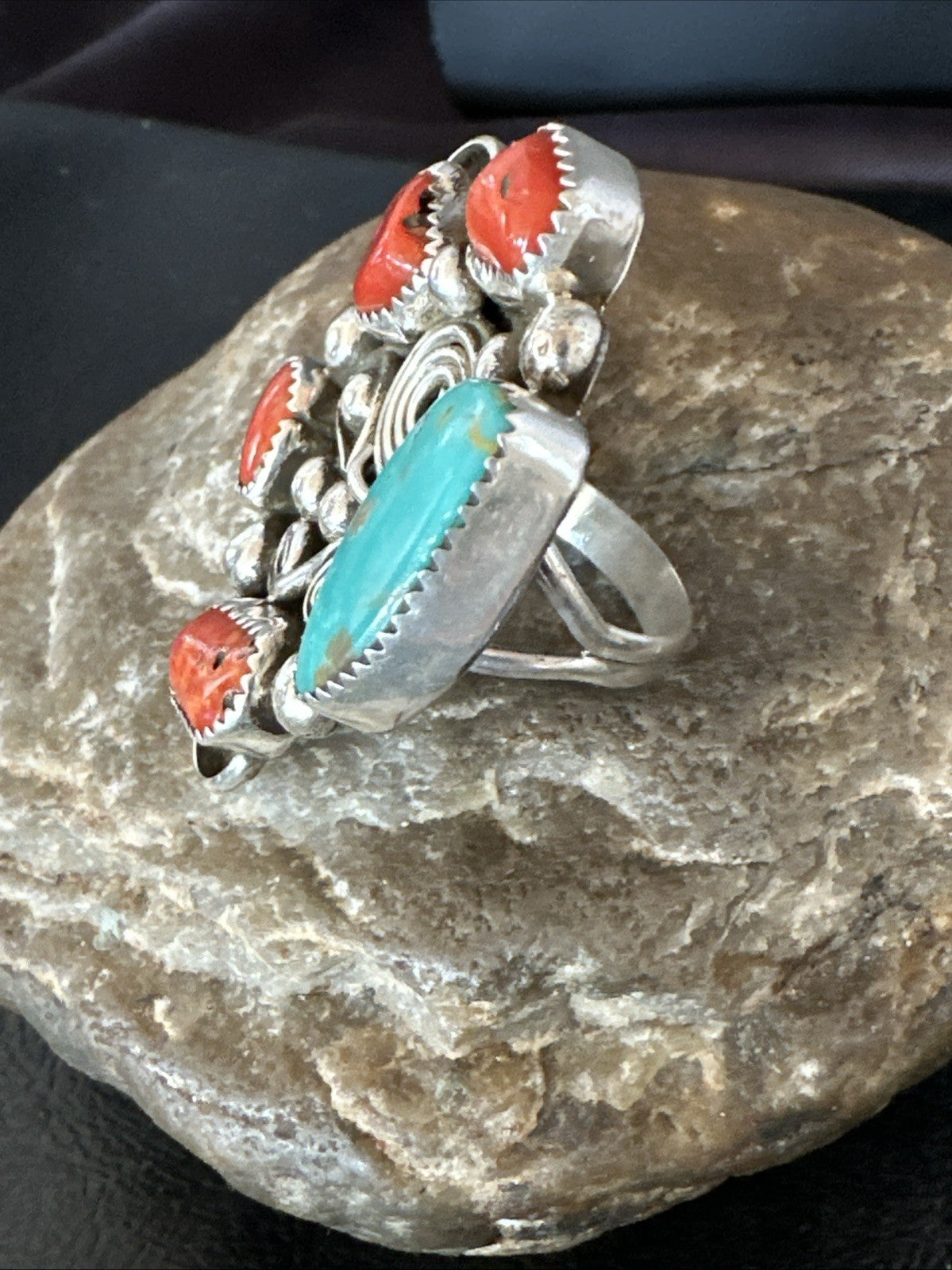 Navajo Blue Turquoise Coral Ring Multi-Stone Cluster Sz 9.5 19778