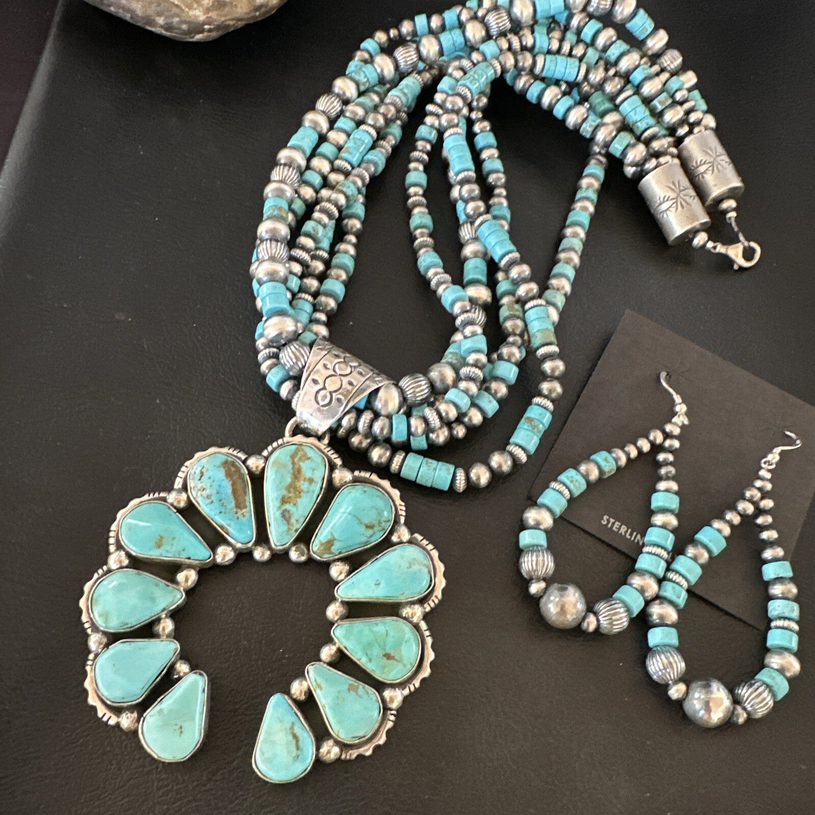 Blue Turquoise Naja Pendant Navajo Sterling Silver Earrings Necklace 21" 16865