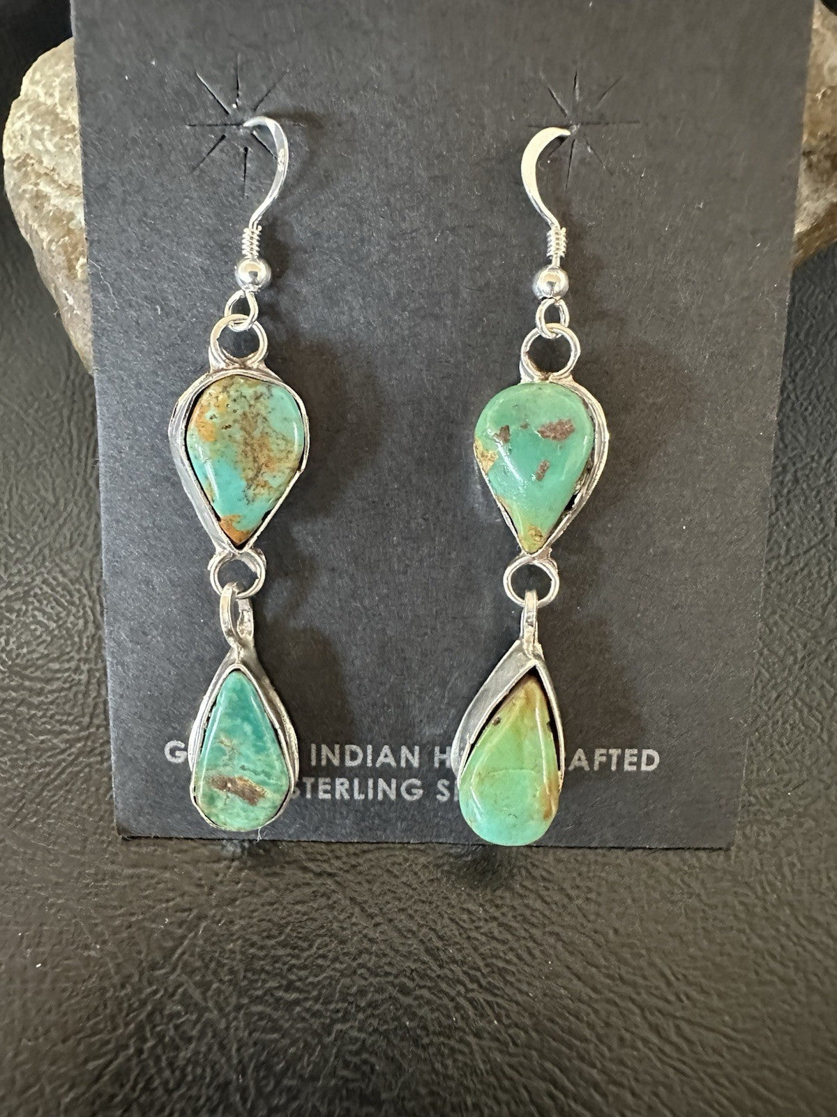 Green Royston Turquoise Navajo Sterling Silver Dangle Earrings 19369