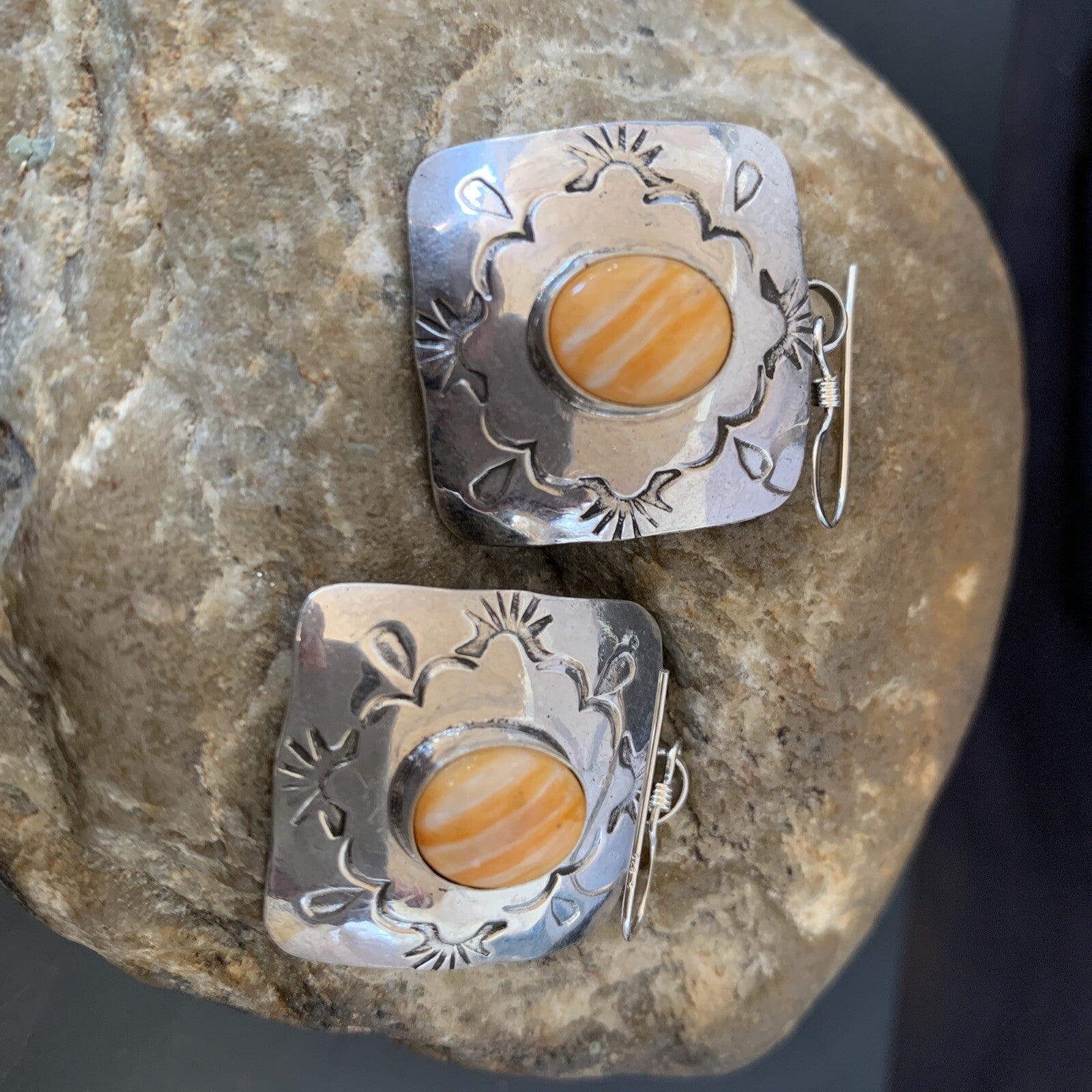Gold Orange Spiny Oyster Navajo Sterling Silver Earrings 02076