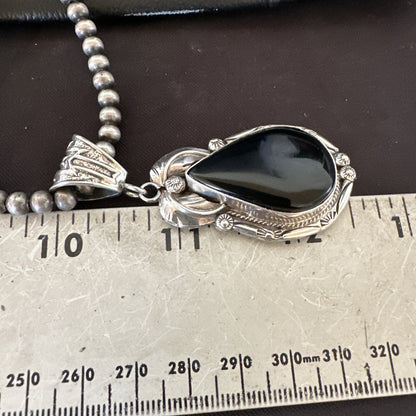 Mens Womens Black Onyx Pendant Navajo Sterling Silver Beads Necklace 18352