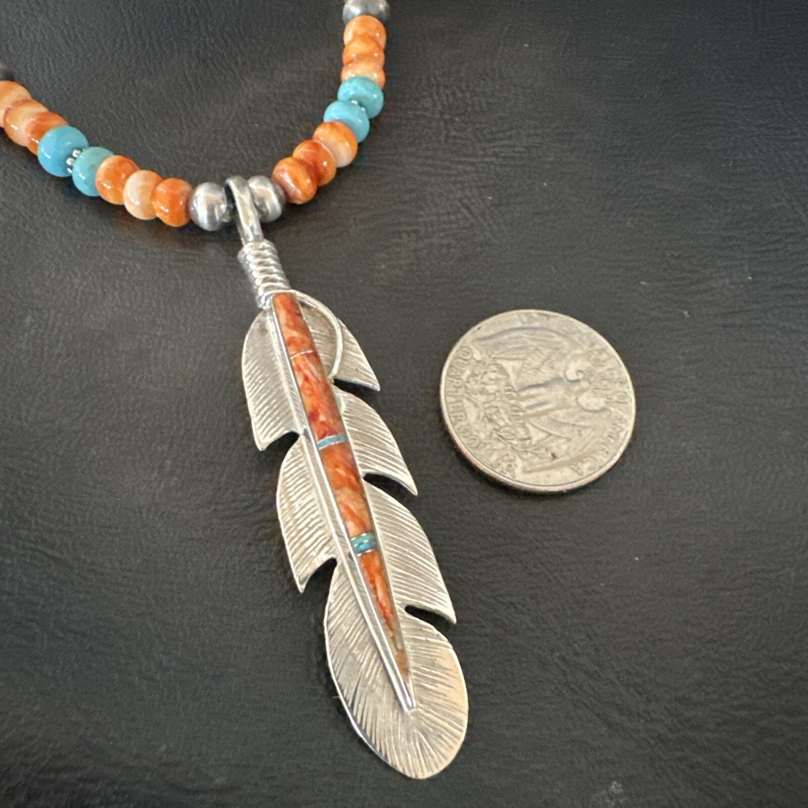 Feather Orange Spiny Opal Pendant Sterling Silver Turquoise Necklace 21” 18672