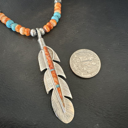 Feather Orange Spiny Opal Pendant Sterling Silver Turquoise Necklace 21” 18672