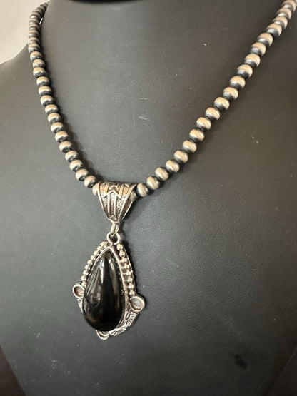 Black Onyx Pendant Navajo Pearls Sterling Silver Necklace 19385