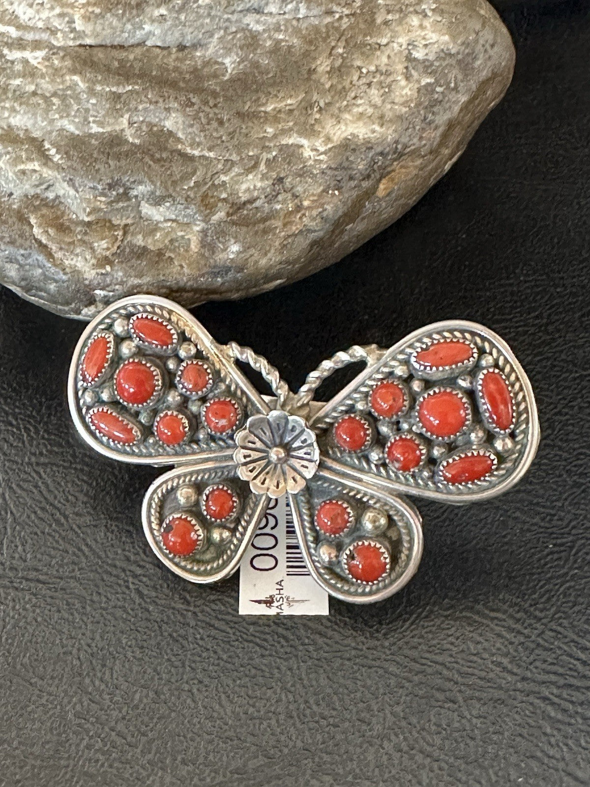 Red Coral Butterfly Sterling Silver Cluster Navajo Ring Size 8 00988