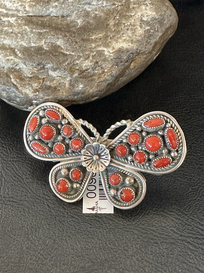 Red Coral Butterfly Sterling Silver Cluster Navajo Ring Size 8 00988
