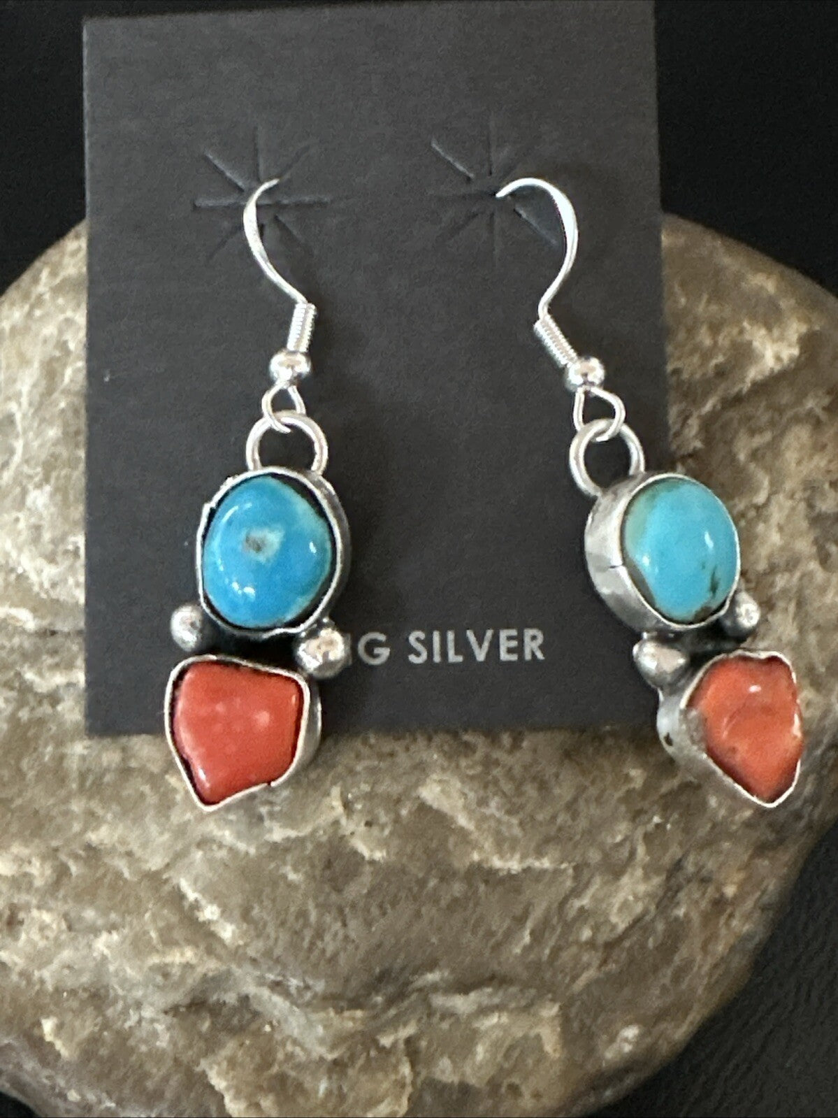 Blue Turquoise Red Coral Sterling Silver Navajo Dangle Earrings 18843