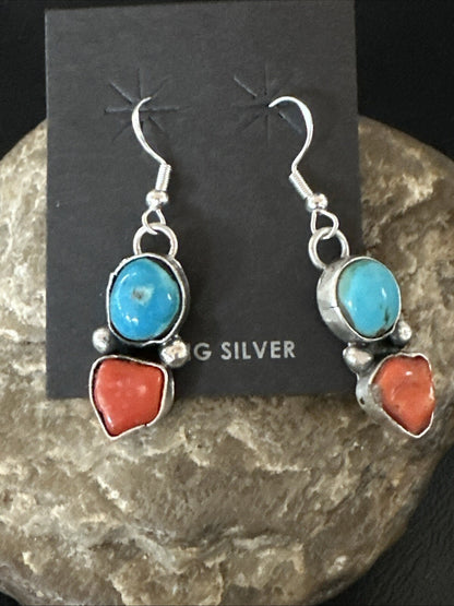Blue Turquoise Red Coral Sterling Silver Navajo Dangle Earrings 18843
