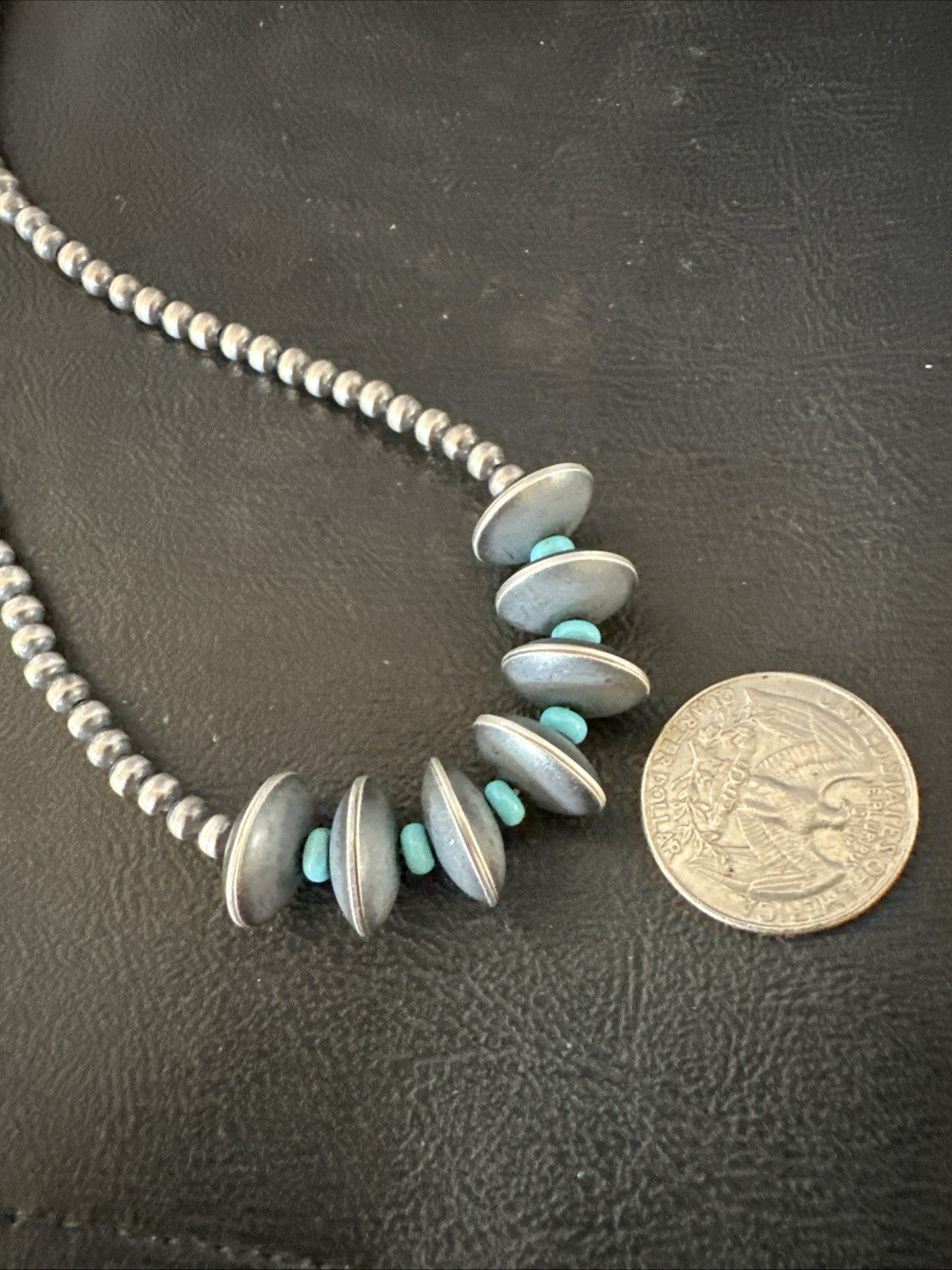 Blue Turquoise Round Flat Sterling Silver Beads Necklace 20” 19026