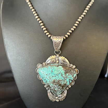 Blue Spiderweb Turquoise Pendant Navajo Pearls Sterling Silver Necklace 14807