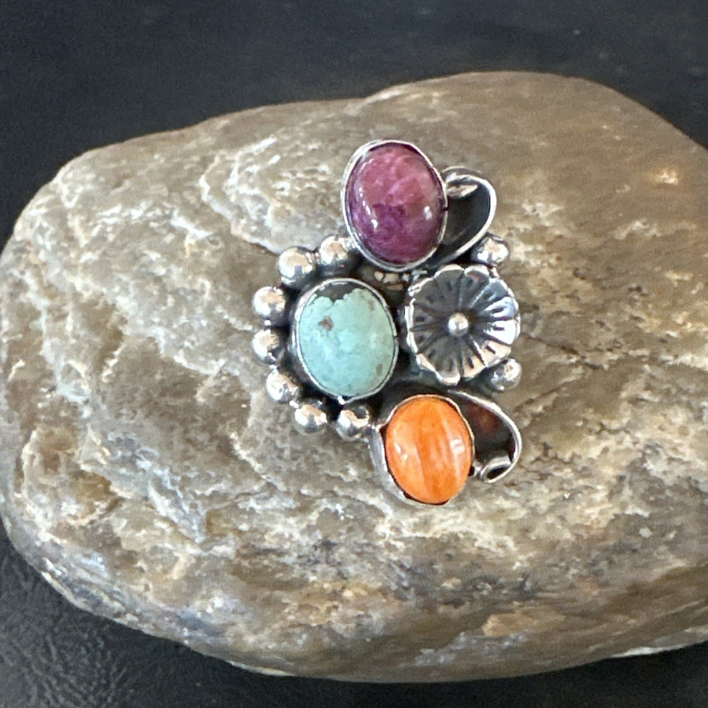 Multicolor Ring Turquoise Spiny Navajo Sterling Silver Cluster Size 8.5 19181
