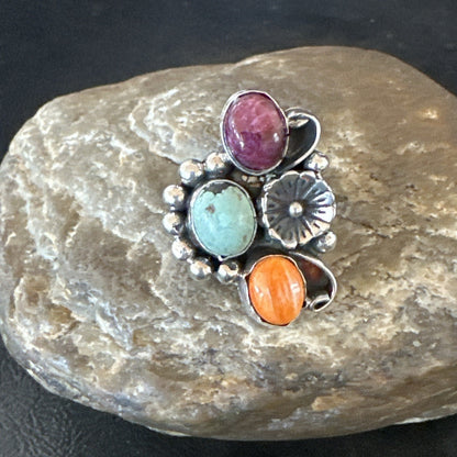 Multicolor Ring Turquoise Spiny Navajo Sterling Silver Cluster Size 8.5 19181