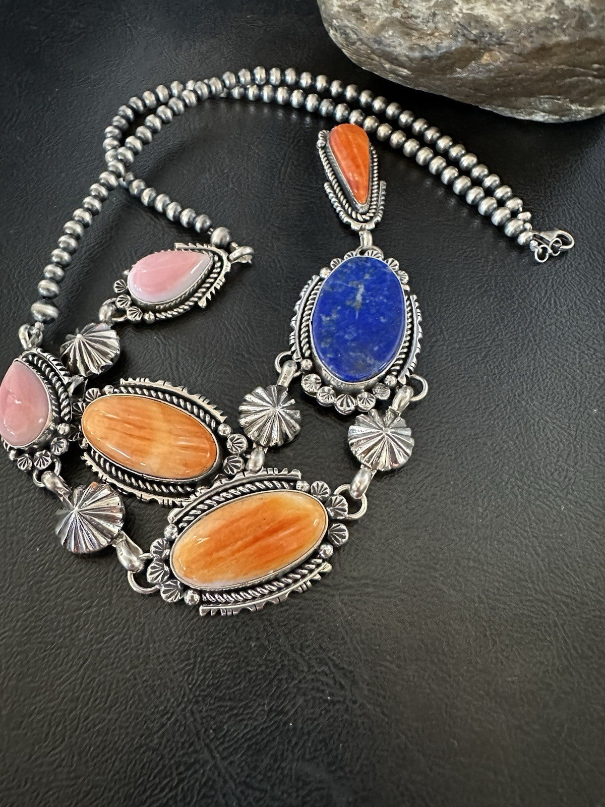 Multicolor Spiny Lapis Pendant Navajo Sterling Silver Lariat Necklace 28" 19438