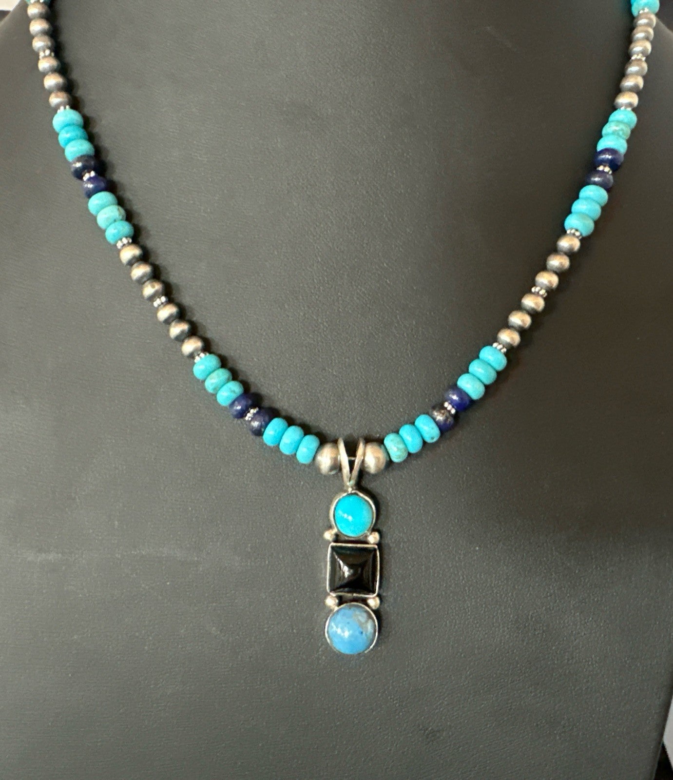 Blue Turquoise Lapis Onyx Pendant Navajo Sterling Silver Necklace 19550
