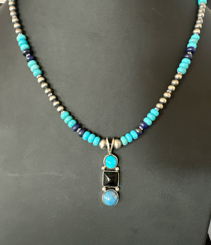 Blue Turquoise Lapis Onyx Pendant Navajo Sterling Silver Necklace 19550