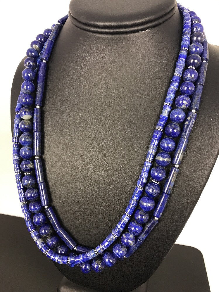 Denim Lapis 3 Strands Navajo Sterling Silver Necklace 22" 03666