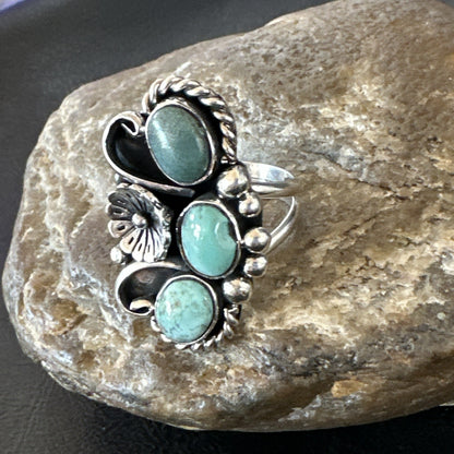 Yazzie Ring Green Turquoise Navajo Sterling Silver Cluster Size 8.5 19233