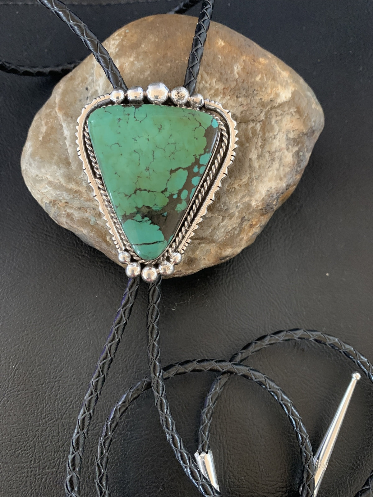 Native Mens Green Spider Web Turquoise Navajo Sterling Silver Bolo Tie 12904