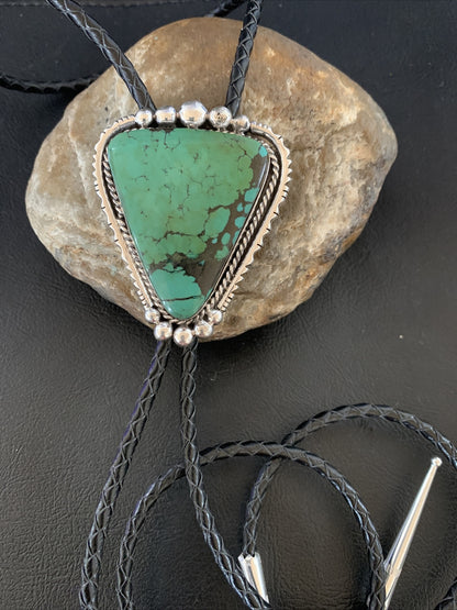 Native Mens Green Spider Web Turquoise Navajo Sterling Silver Bolo Tie 12904