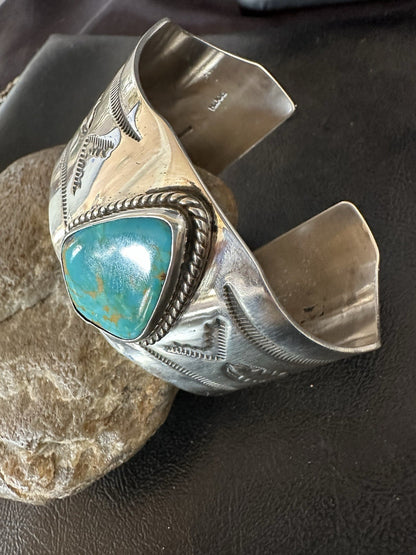 H Joe Blue Kingman Turquoise Navajo Sterling Silver Cuff Bracelet 8.2" 19423