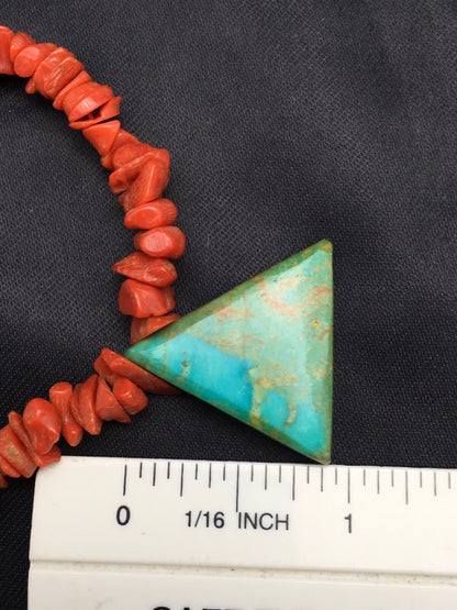 Kingman Turquoise Pendant Coral Sterling Silver Old Pawn Necklace 19" 4008