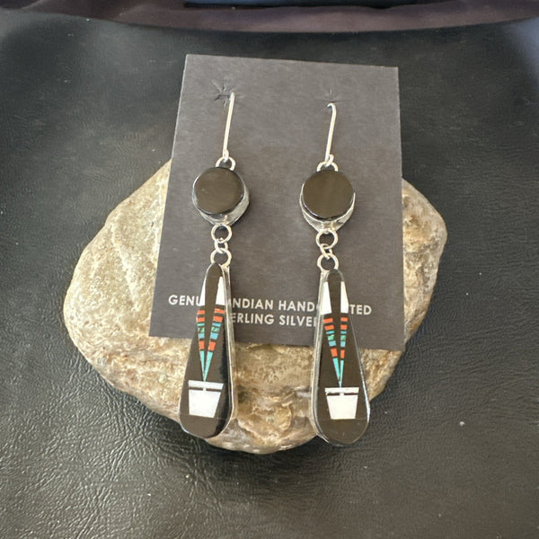 XL Navajo Onyx Turquoise Coral Inlay Earrings Sterling Silver Handmade 19774