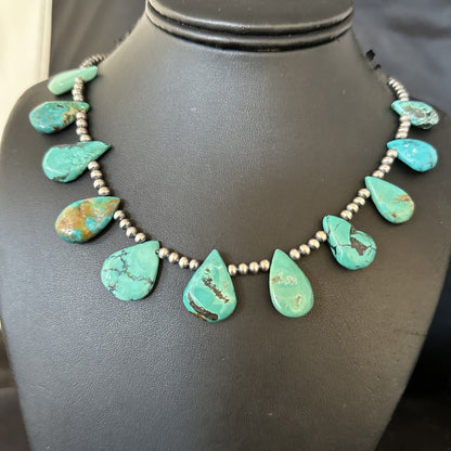 Blue Turquoise Teardrop Navajo Pearls Sterling Silver Necklace 14391
