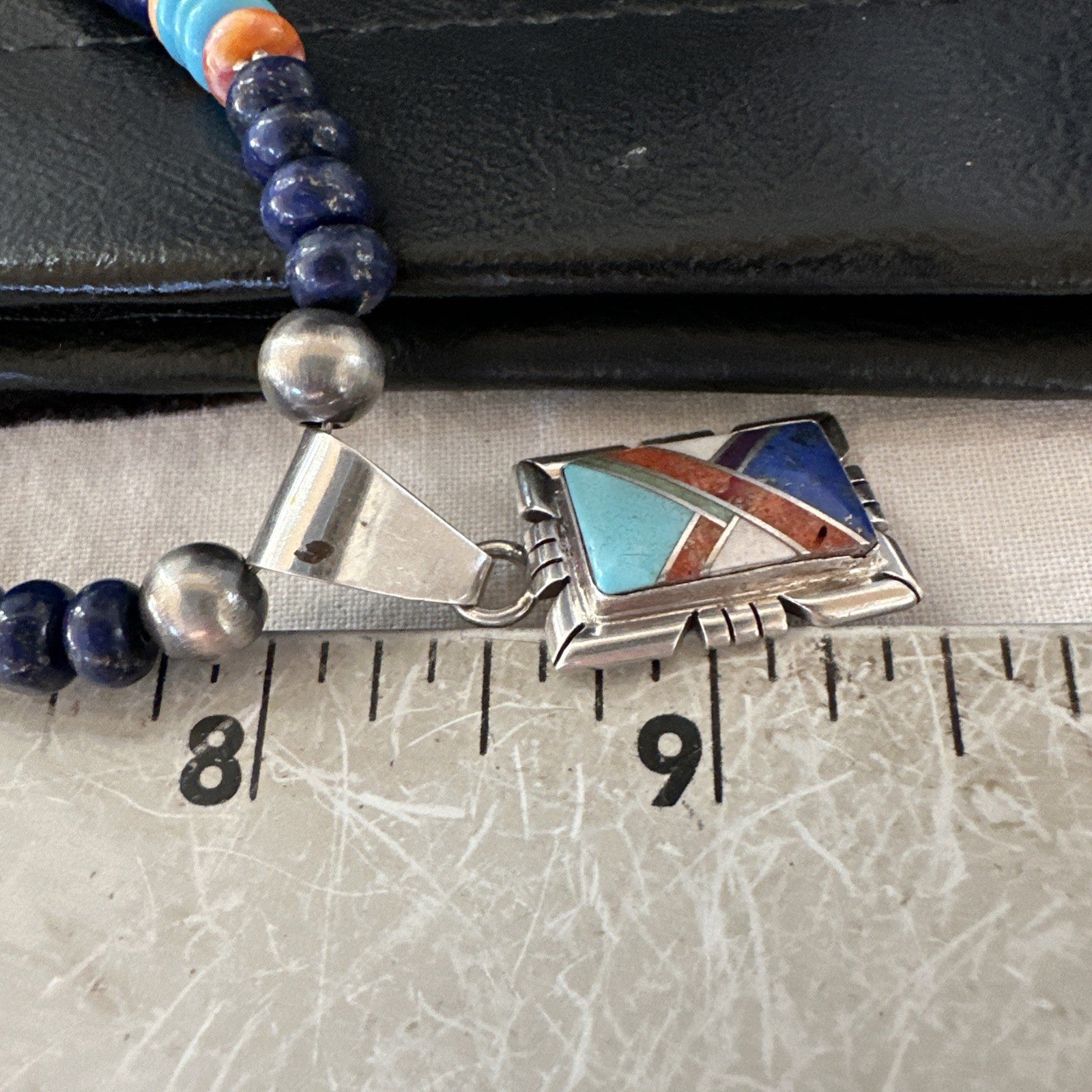 Multicolor Turquoise Coral Navajo Sterling Silver Inlay Pendant Necklace 19651