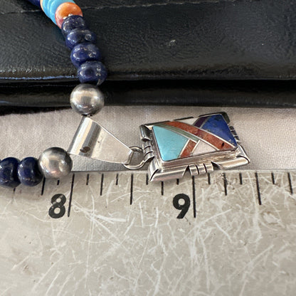 Multicolor Turquoise Coral Navajo Sterling Silver Inlay Pendant Necklace 19651