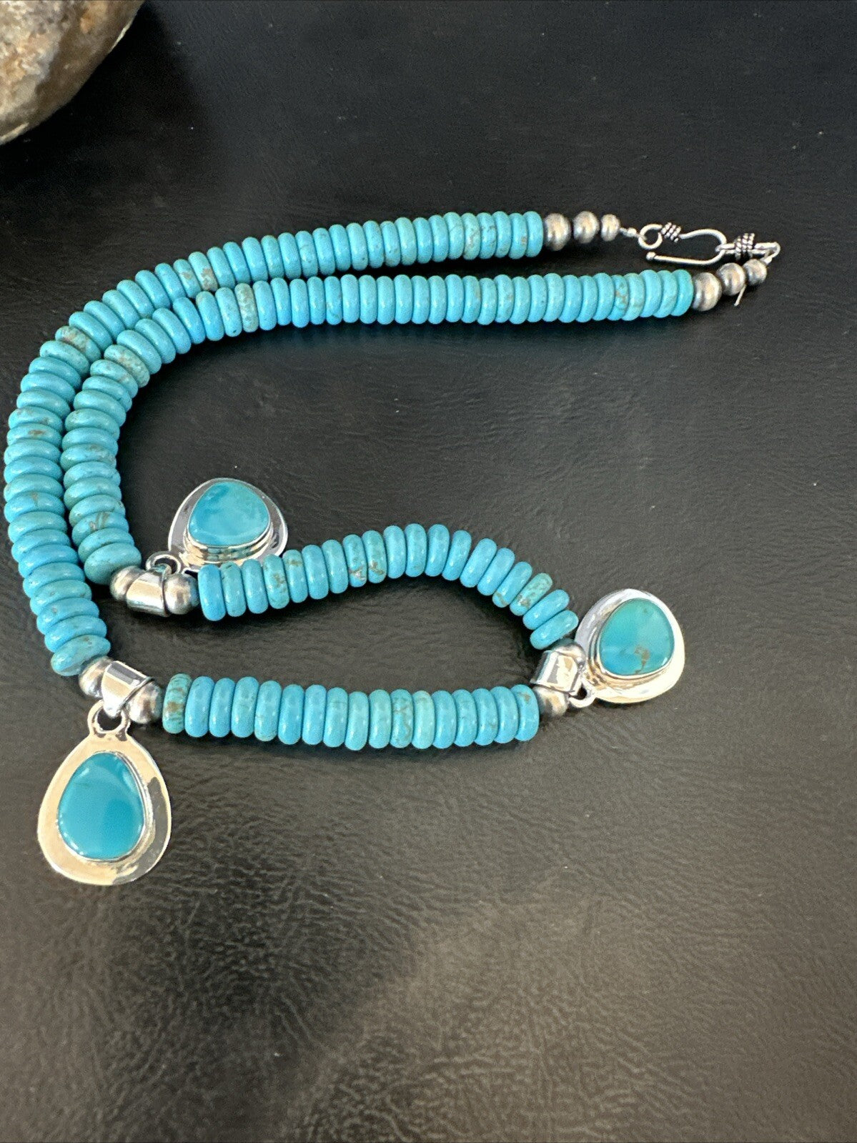 WoMens Blue Kingman Turquoise Pendants Navajo Sterling Silver Necklace 19” 18166