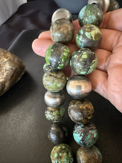 18mm Green Turquoise Round Navajo Pearls Sterling Silver Necklace 21" 19145