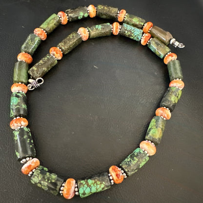 Green Turquoise Spiny Oyster Native Navajo Pearls Sterling Silver Necklace 14985