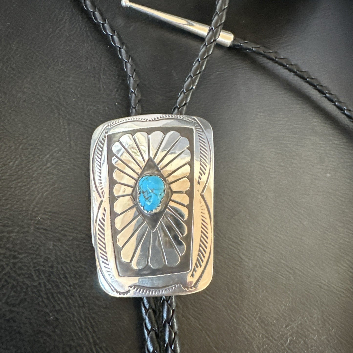 Mens Blue Kingman Turquoise Stamped Navajo Sterling Silver Bolo Tie 2” 19302