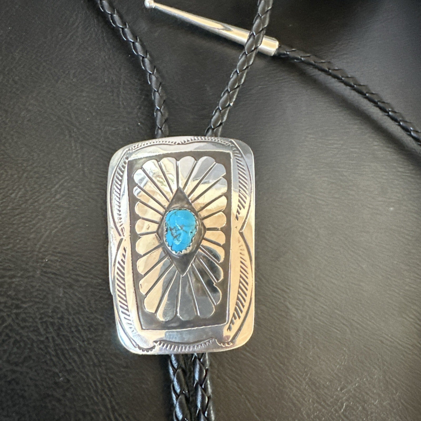 Mens Blue Kingman Turquoise Stamped Navajo Sterling Silver Bolo Tie 2” 19302