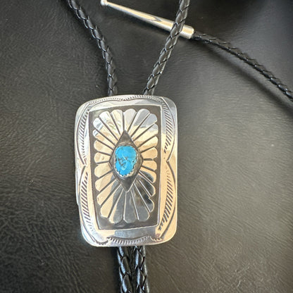 Mens Blue Kingman Turquoise Stamped Navajo Sterling Silver Bolo Tie 2” 19302
