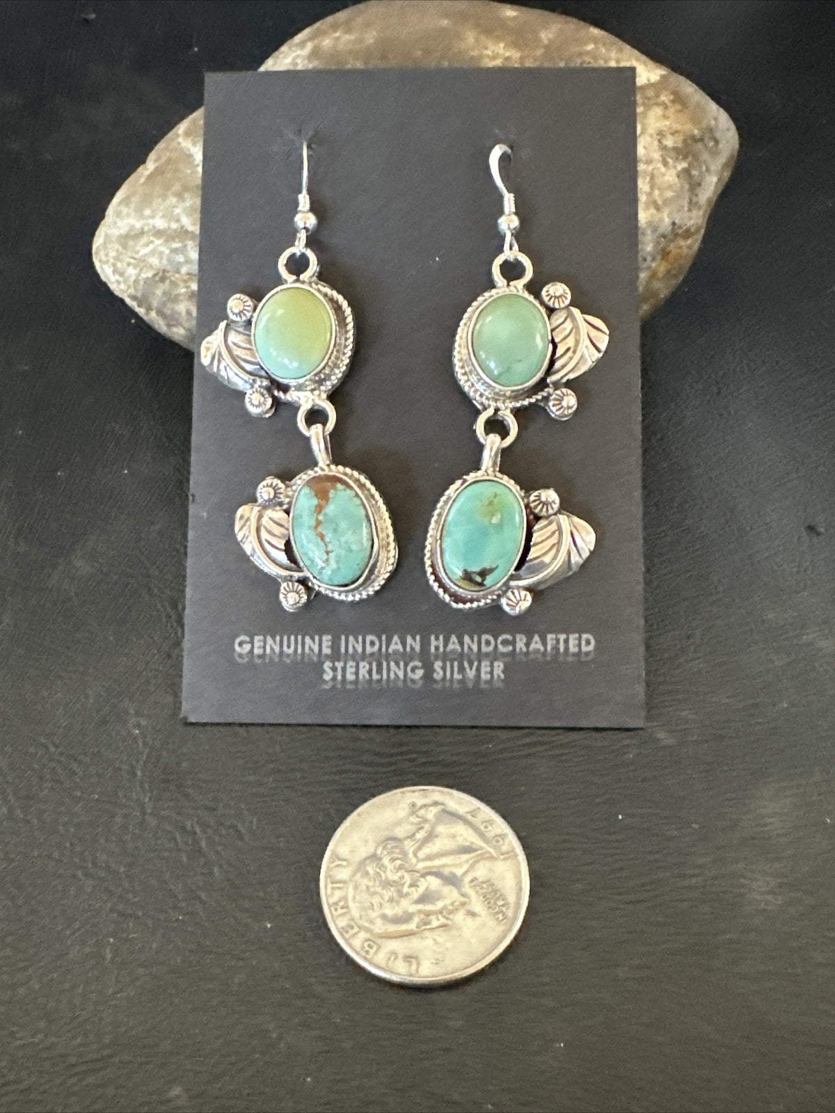 Native Navajo Green Turquoise Sterling Silver Dangle Earrings 2” 17911