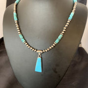 Blue Turquoise Inlay Pendant Navajo Pearls Necklace | Sterling Silver | Authentic Native American Handmade | 12613