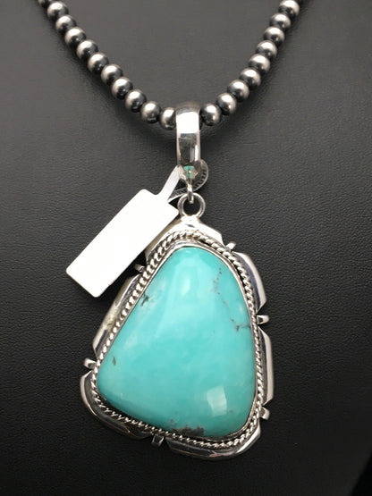 Mens Blue Turquoise Pendant Navajo Pearls Sterling Silver Necklace 03915